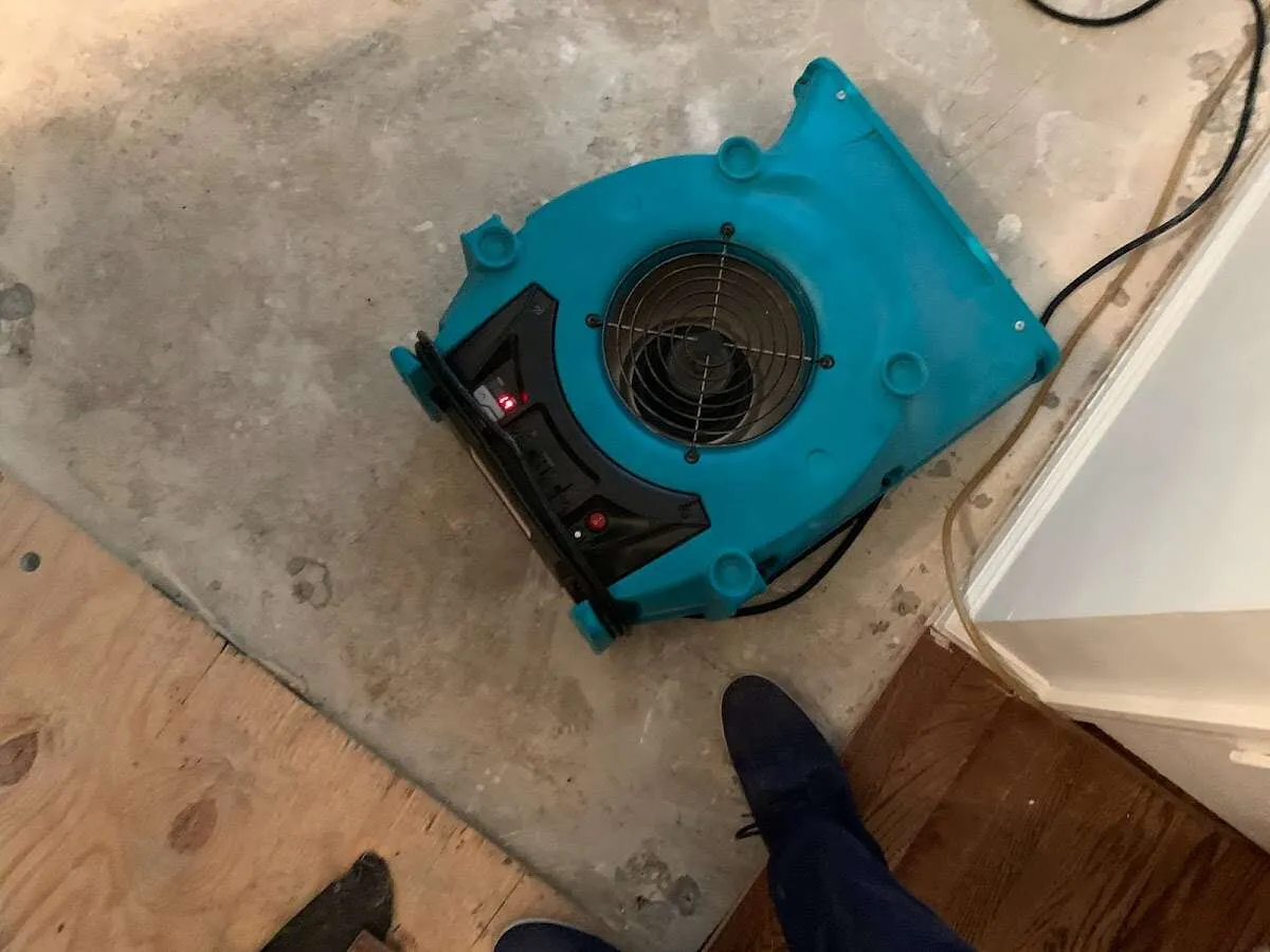 Air mover drying subfloor during Leak Detection & Repair in Todd Creek